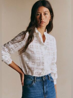 Sezane Ecru Guipere Lace Chlo Button Down Shirt